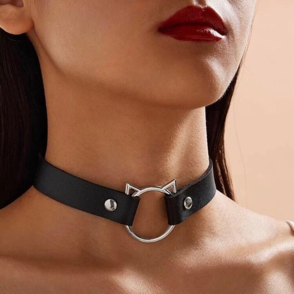 🆕Kitty Cat Ring Black Leather Choker Adjustable Necklace